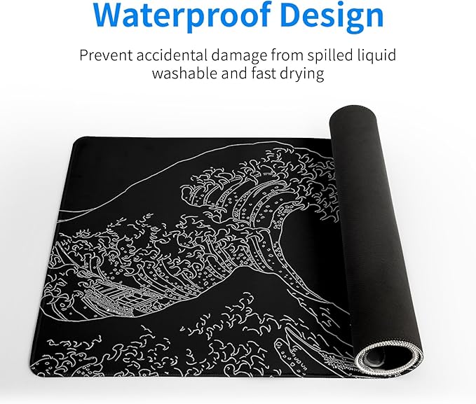 Japanese Sea Wave Large Mouse Pad Abstract Black Mouse Pad 31.5x11.8 Inch Black Kanagawa Texture Non-Slip Rubber Base Large Ocean Mousepad Stitched Edge Keyboard Mouse Mat Desk Pad for Office and Home