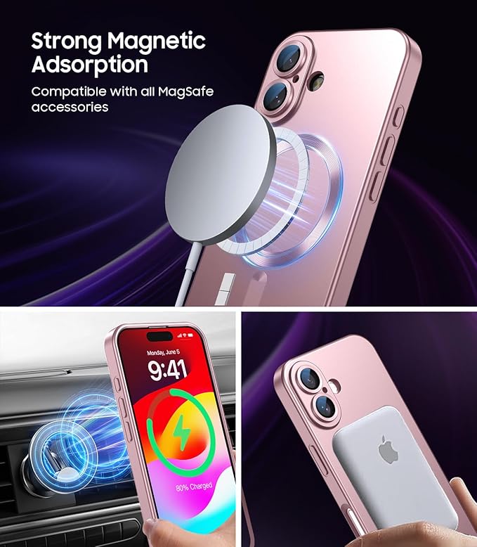 Magnetic for iPhone 16 Plus Case [Compatible with MagSafe][Built-in Camera Lens Protector] Slim Soft Silicone Bumper Shockproof Metallic Luster Phone Case (Rose Gold)