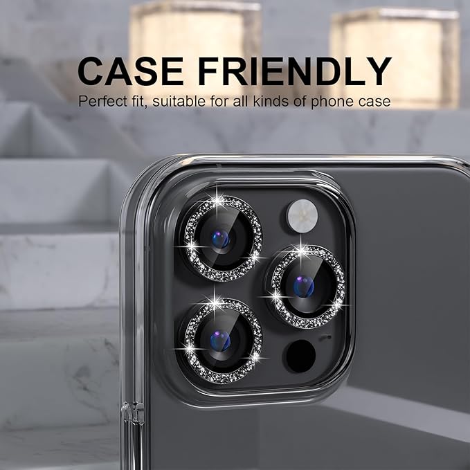 Choiche Compatible for iPhone 16 Pro/iPhone 16 Pro Max Camera Lens Protector Bling, 9H Tempered Glass Camera Cover Screen Protector Metal Ring Decoration Accessories (Glitter-Black)