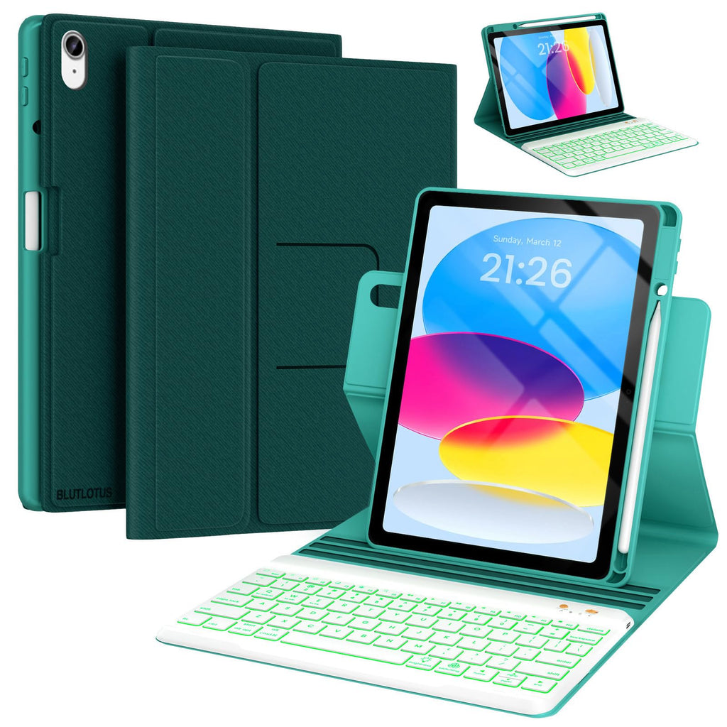 BLUTLOTUS Keyboard Case for iPad 11th Generation (A16) 10th Generation (2025/2022) - 360 Rotatable Magnetic Folio Cover, 7 Color Backlit Detachable Wireless Keyboard with Pencil Holder (Purple)