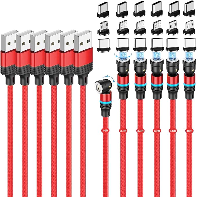 Magnetic Charging Cable (6-Pack,1.6+3.3+3.3+6.6+6.6+10ft) 540° Rotation 3A Fast Charging Data Sync 3 in 1 Magnetic Phone Charger Cable with LED Light Compatible with Micro USB Type C Phone Device