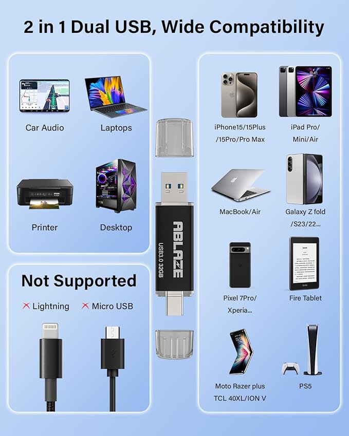 ABLAZE Type C Flash Drive 32GB 5 Pack, Dual USB 3.0+USB C Flash Drive Compatible with iPhone 16/15, Android Smartphone, Computer,Tablet Mac Laptop (5 Pack)