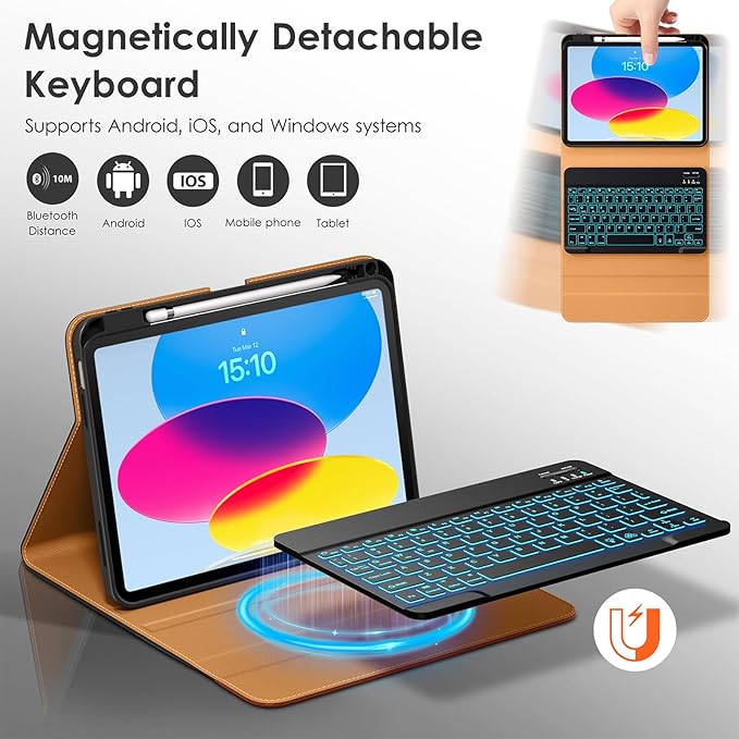 DTTO for iPad 11th (A16)/ 10th Generation Case with Keyboard (2025/2022), 7 Colors Backlit Wireless Detachable Keyboard Leather Folio Cover with Pencil Holder & Pocket, Black Brown