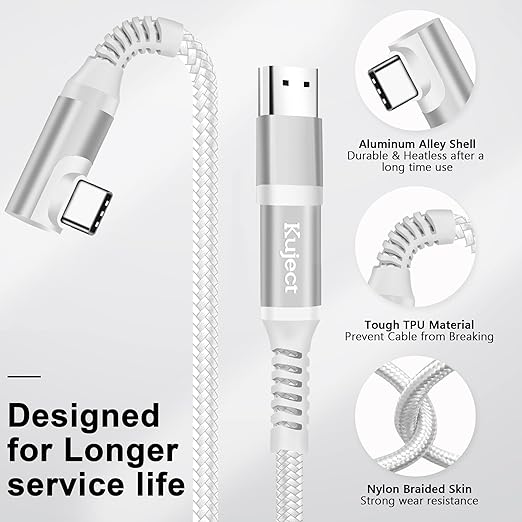 Kuject Link Cable 16FT Compatible for Quest 3S/3, Quest 2/Pro, Pico 4, Nylon Braided Accessories for Rift S/Steam VR Games, USB 3.0 Type C to C High Speed Data Transfer Cord for Gaming PC, Silver