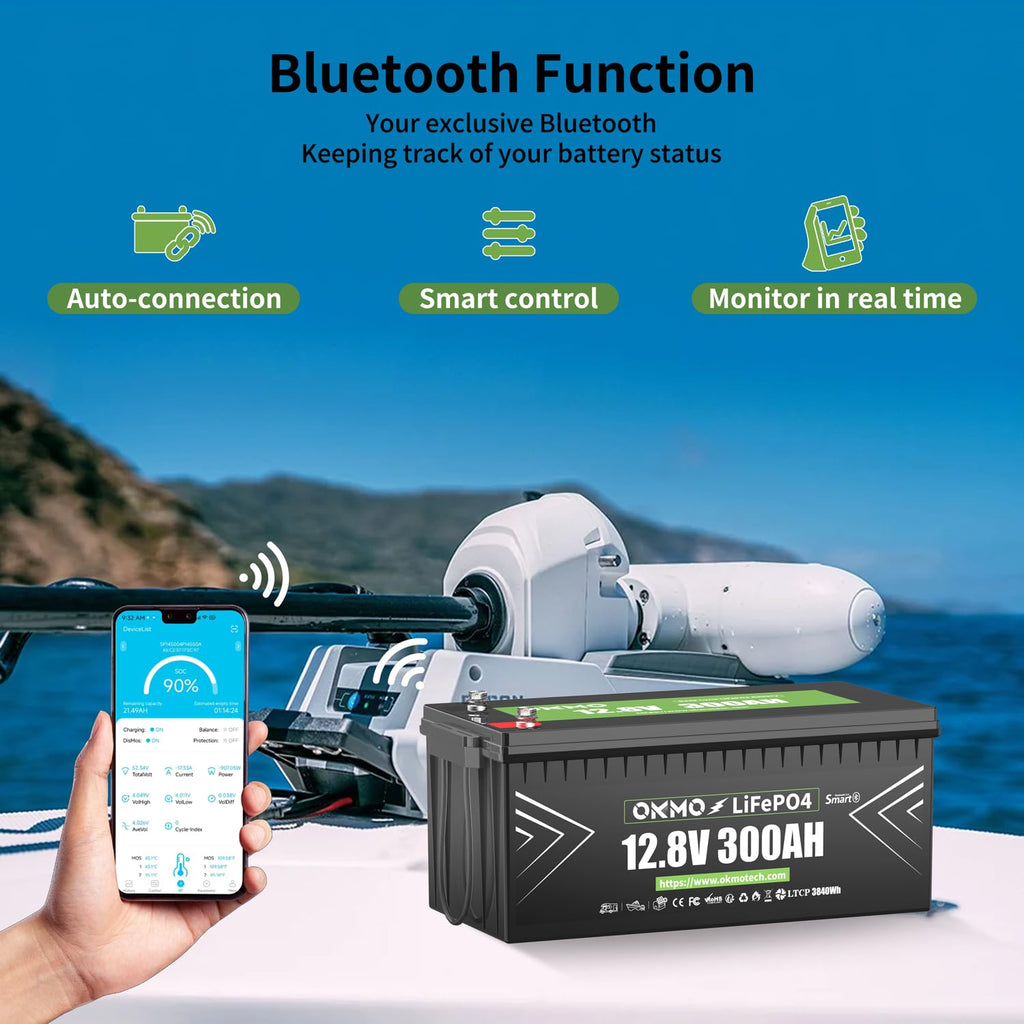 OKMO 12V 300Ah LiFePO4 Lithium Battery With Bluetooth Built-in 150A BMS Low-Temp Protection for RV, Solar/Off-Grid Applications, Home Energy Storage, Marine