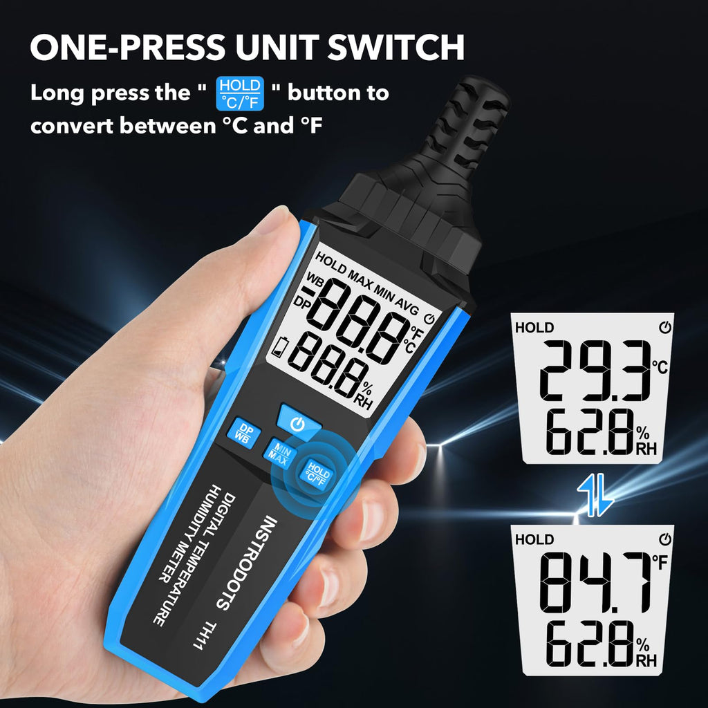 INSTRODOTS Temperature Humidity Meter, High Precision Digital Hygrometer with Ambient, Dew Point, Wet Bulb Temperature for Indoor Outdoor, Thermometer with Min/Max, Data Hold, LCD Backlight, TH11