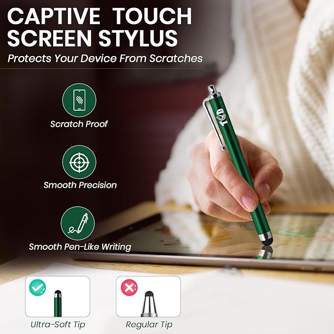 TCD 10 Pack Stylus Pen Set - Touch Screen Devices, Thick Rubber Tip - Green