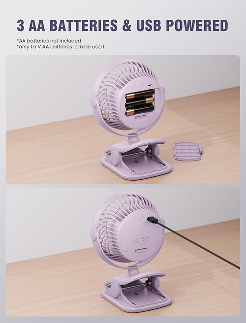 AA Battery Powered Clip on Fan with 4-Speed, 5’’ Small Desk Fan with Aroma Function, USB Powered, 360°Rotation, Ultra Quiet, for Golf Cart, Stroller, Bedroom,Car(Batteries Not Included) (Purple)