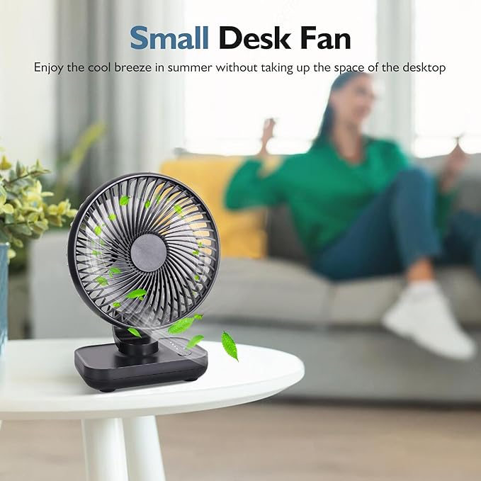 CONBOLA Small Desk Fan for Bedroom, 3600mAh Battery Powered Rechargeable Fan, USB Fan for Desk, 4 Speeds Air Circulator Quiet Table Fan for Home Office, Blue