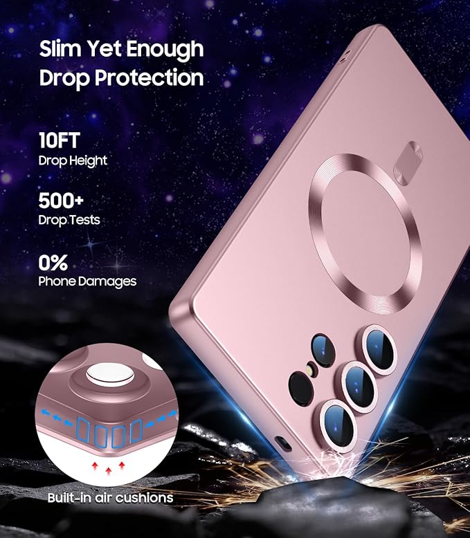 Magnetic for Samsung Galaxy S25 Ultra Case [Compatible with MagSafe][Built-in Camera Lens Protector] Slim Soft Silicone Bumper Shockproof Metallic Luster Phone Shell (Rose Gold)