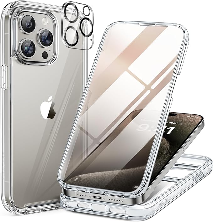 Miracase for iPhone 15 Pro Case, Full-Body Clear Bumper Phone case with Built-in Glass Screen Protector& Camera Protector, Military Drop Proof 15 Pro Case Cover 6.1 inch,Clear