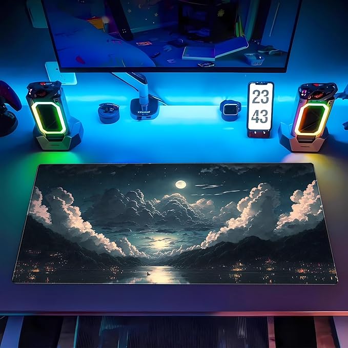 Anime Aesthetics Desk Mat Cloud Mouse Pad Gaming MousePad XXL Computer Mat Full Desk Mouse and Keyboard Pad Full Moon Mouse Mat with Stitched Edge Anti-slip Washable for Office and Home 31.5 x 15.7 In