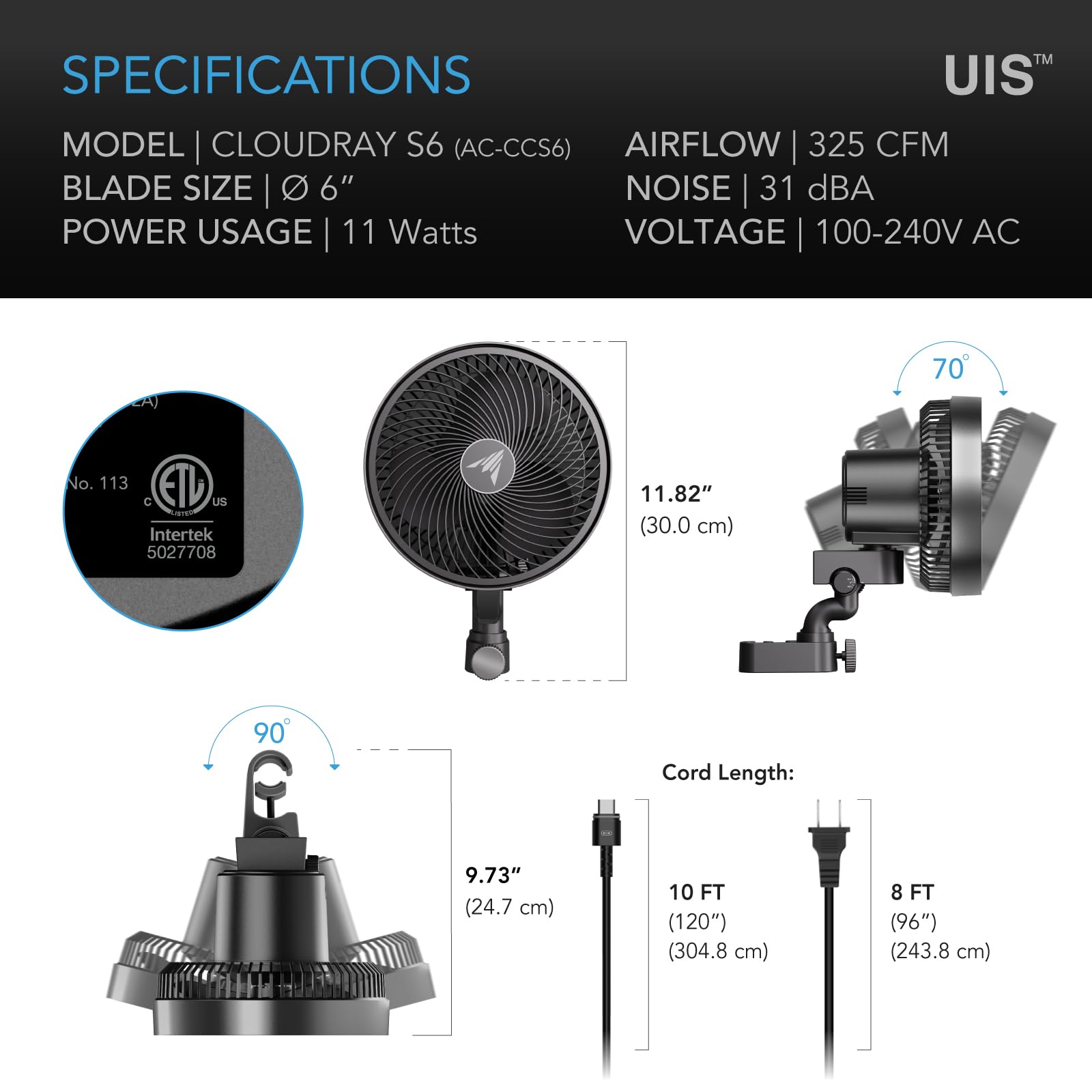 AC Infinity CLOUDRAY S6 Grow Tent Clip Fan 6”