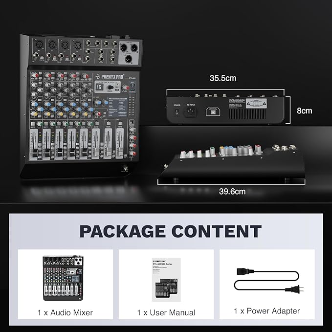 Professional 6-Channel Audio Mixer, Phenyx Pro DJ Sound Mixer Board w/Flexible AUX, BUS, SUB Routing, 16 DSP, BT Streaming & USB-B PC Recording, Mixing Console for Stage, Home Studio (PTL-600)