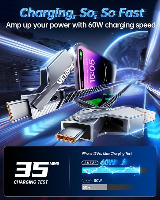 4-in-1 USB C Cable 60W 5FT Compatible with Lightning Cable [Fast Charging & Data Transfer] Flat Nylon Braided for iPhone iPad Charger Cord, Multi Charge Wire Combo with L/Type C/USB A Port