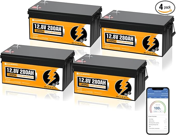 ECO-WORTHY 48V 280Ah (4 Packs) LiFePO4 Lithium Battery with Bluetooth, Low-Temp Protection, 6000+ Deep Cycles, 14.34kWh Energy, for RV, Off-Grid, Solar Power System, Home Backup, Back up Power, Marine
