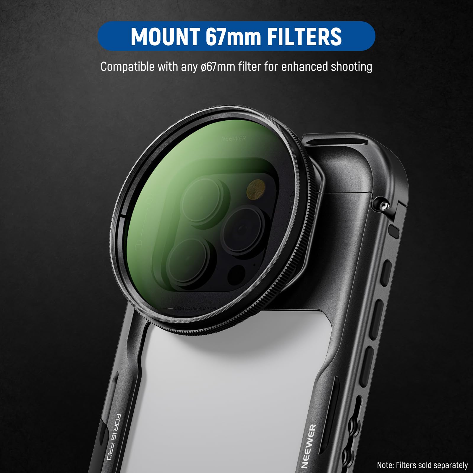 NEEWER 16 Pro Cage, Quick Release Video Rig Phone Stabilizer Compatible with iPhone 16 Pro with 67mm Filter Adapter, 17mm Lens Backplate, T Mount Lens Adapter Compatible with Moment, PA073