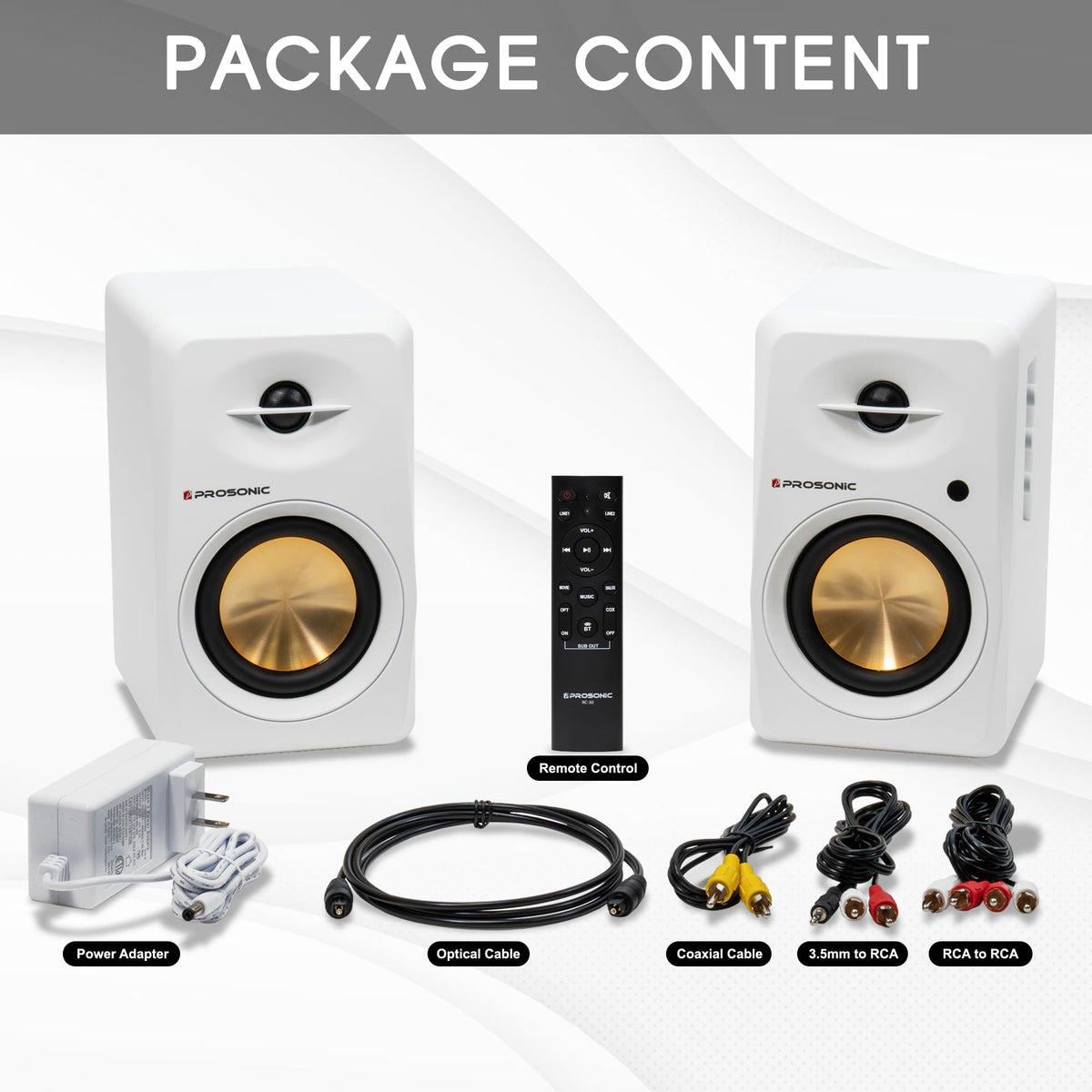 Prosonic BT30 White Bookshelf Speakers - Active Bluetooth 5.3 Powered Studio Monitors, 80W Desktop Computer Audio System with Optical/Coaxial/Aux for Turntable, Home Theater, TV & PC