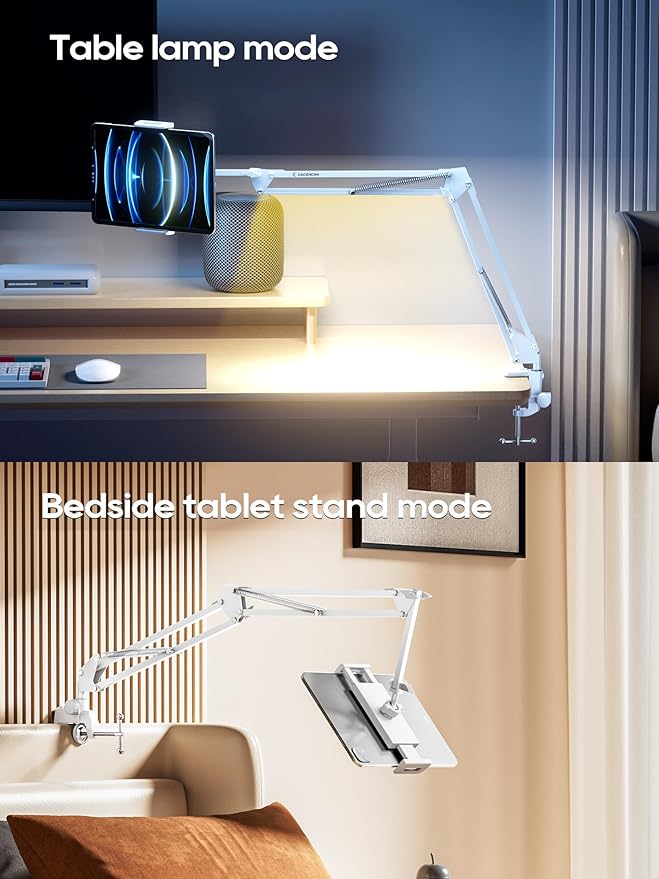 Tablet Stand, Tablet Mount Adjustable with Light, Universal Flexible Tablet Holder with 360 Degree Rotation for iPad/iPhone/iPad Pro/N-Switch,or Other 4.5~13.5 Inches Devices (White)