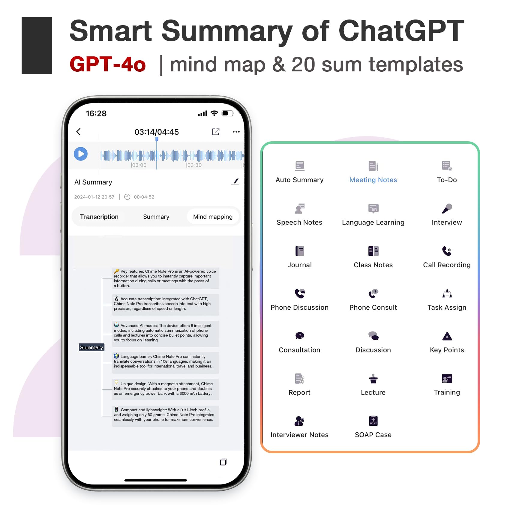 64GB AI Voice Recorder with Smart Transcription & Summary — Voice Activated Portable Digital Voice Recorder for Business Meetings & Lectures, Magnetic, ClicoByte Chime, Silver