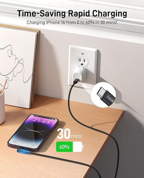 90 Degree iPhone Charger [MFi Certified] Long iPhone Fast Cable 10FT 2Pack