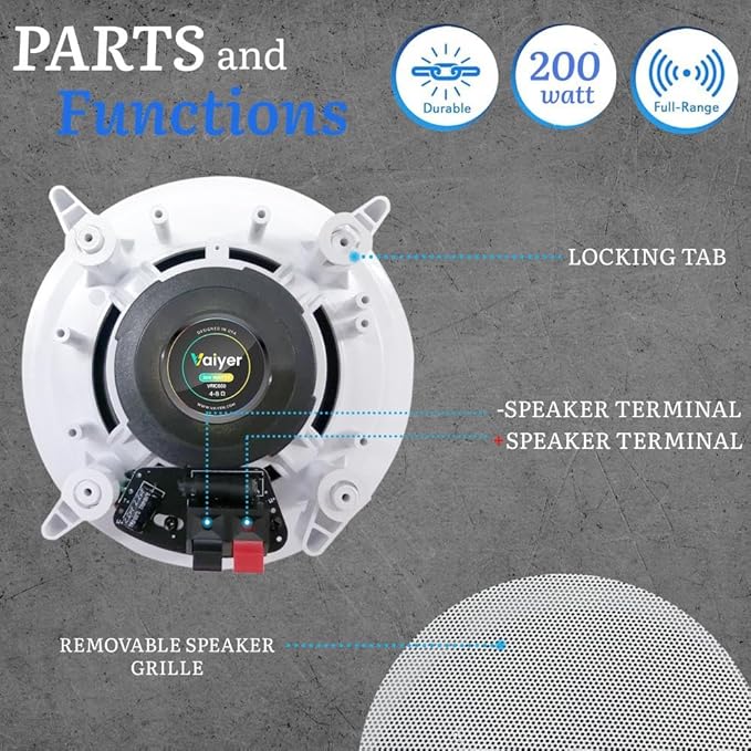 Vaiyer Home Audio System Kit, 6-Channel 6000 Watts Bluetooth Amplifier with 6.5" 10 Qty of 200 W Each in-Wall in-Ceiling Speakers & 16 AWG 500 ft. Speaker Wire - Perfect for Home, Office, Restaurants