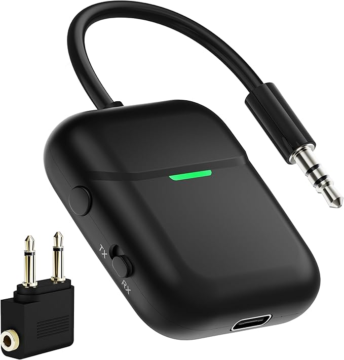 Nulaxy Air in-Flight Bluetooth Wireless Audio Transmitter Receiver for up to 2 AirPods Wireless Headphones, Bluetooth Adapter for All 3.5mm Aux Jacks on Airplanes, Black