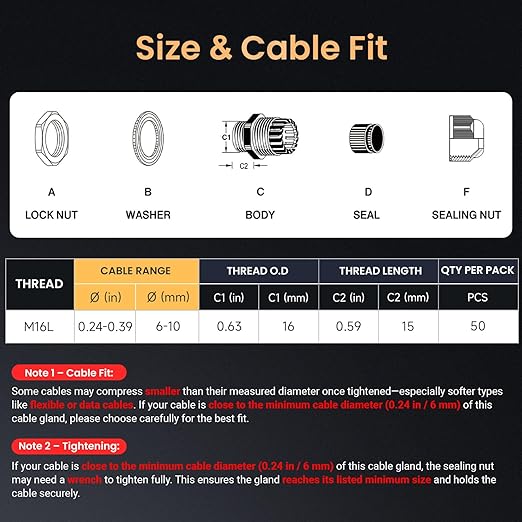 QILIPSU 50pcs M16L Long Thread Cable Gland Waterproof IP68 Nylon Strain Relief Cord Grip Cable Pass Through Wire Connector