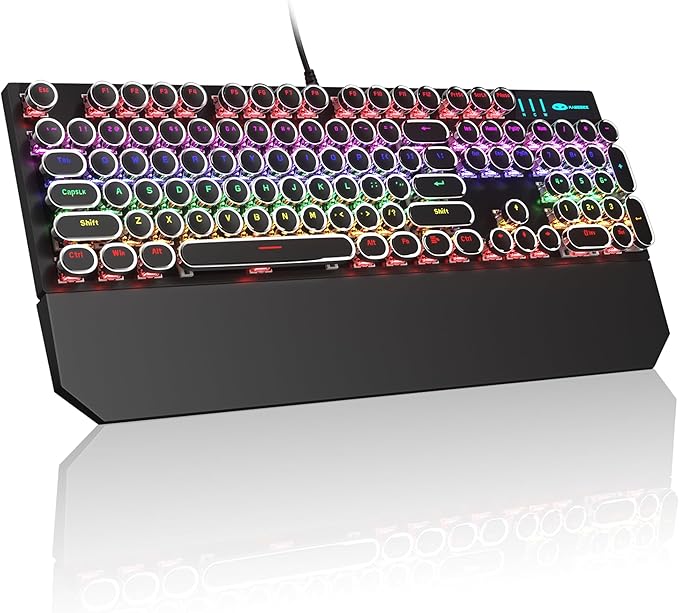 MageGee Typewriter Mechanical Gaming Keyboard, Retro Black Punk Round Keycaps RGB Rainbow Backlit Wired Keyboards for Laptop MAC PC Gamer, with Magnetic Wrist Rest - Blue Switch