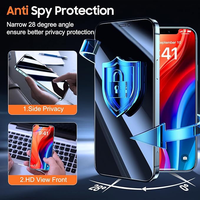 UniqueMe for iPhone 12 / iPhone 12 Pro Privacy Screen Protector - [Military Grade Shatterproof & 9H+ Hardness] Screen Protector 12 Pro Tempered Glass Full Coverage Protection, Easy to install, 2 Packs