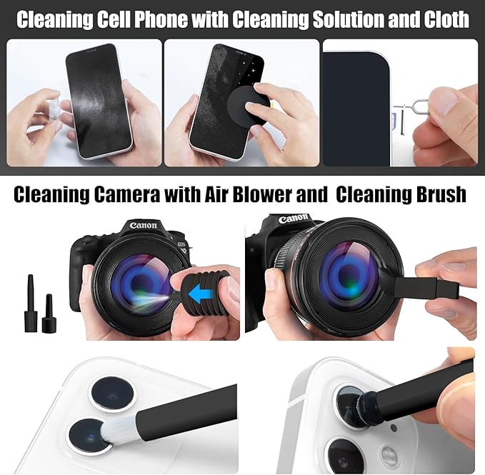 walrfid 2 Pack Laptop Phone Screen Cleaner Kit, Computer Keyboard Brush Cleaning Spray for iPhone AirPods MacBook iPad, 20-in-1 Electronic Device Tool for Camera Earbud TV Car Screens, Black White