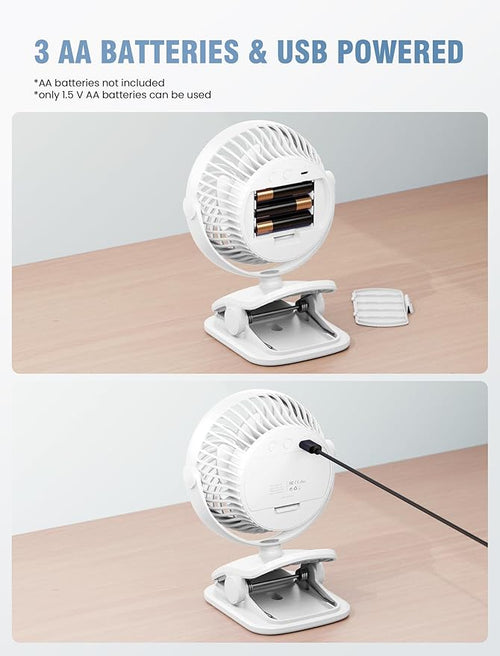 AA Battery Powered Clip on Fan with 4-Speed, 5’’ Small Desk Fan with Aroma Function, USB Powered, 360°Rotation, Ultra Quiet, for Golf Cart, Stroller, Bedroom,Car(Batteries Not Included) (White)