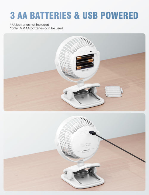 AA Battery Powered Clip on Fan with 4-Speed, 5’’ Small Desk Fan with Aroma Function, USB Powered, 360°Rotation, Ultra Quiet, for Golf Cart, Stroller, Bedroom,Car(Batteries Not Included) (White)
