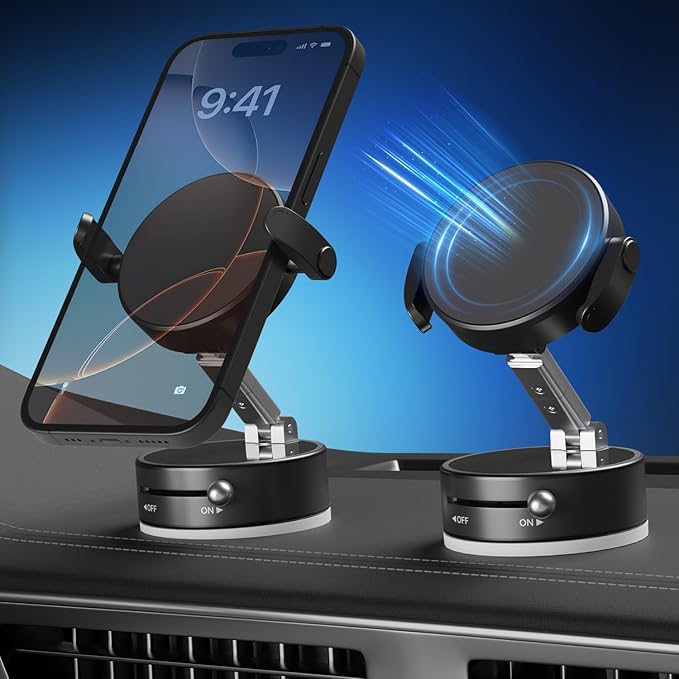 Upgraded 360° Adjustable Vacuum Magnetic Phone Holder, Vacuum Suction Magnetic Phone Mount with Clamp Foldable Phone Holder for Car/Gym/Mirror/Smooth Surface, Suitable with All Smartphones (Black)