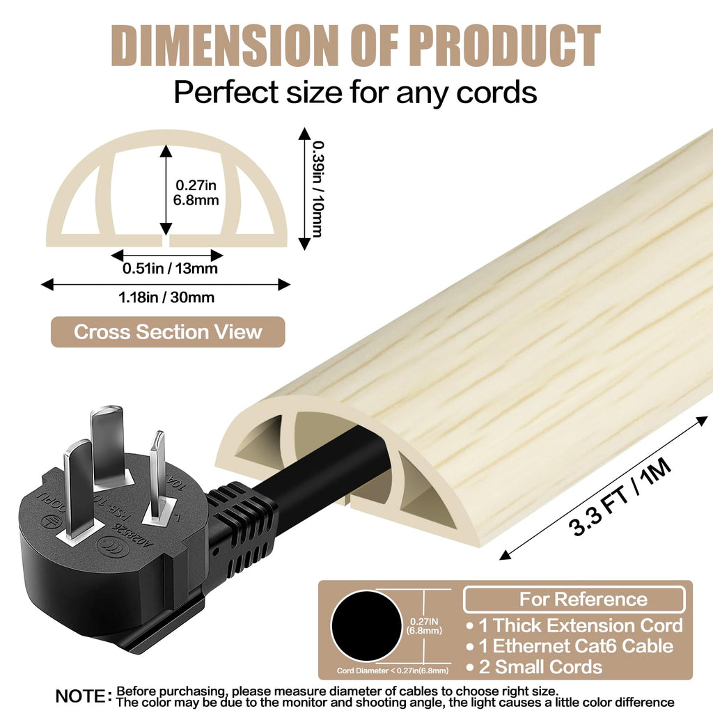 Floor Cord Cover Self Adhesive Cord Hider,3.3FT Cable Management, Extension Strip Protector for Wires, Prevent Cable Trips for Offices, Gyms, Exhibitions Cavity:0.39"(W) x 0.27"(H) Yellow Wood