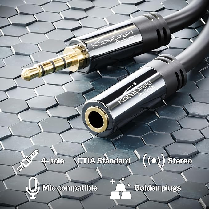 KabelDirekt – Headset Extension Cable – 10ft – Headphone Extension Cord with Break-Proof Metal Plug for Gaming Headsets & Headphones with Microphone, TRRS, 4-Pole, 3.5mm Male to Female