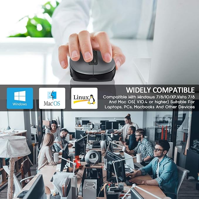WisFox 2.4G Wireless Mouse for Laptop, Ergonomic Computer Mouse with USB Receiver and Type-C Adapter, 3 Adjustable Levels DPI, 6 Button Cordless Wireless Mice (Grey)