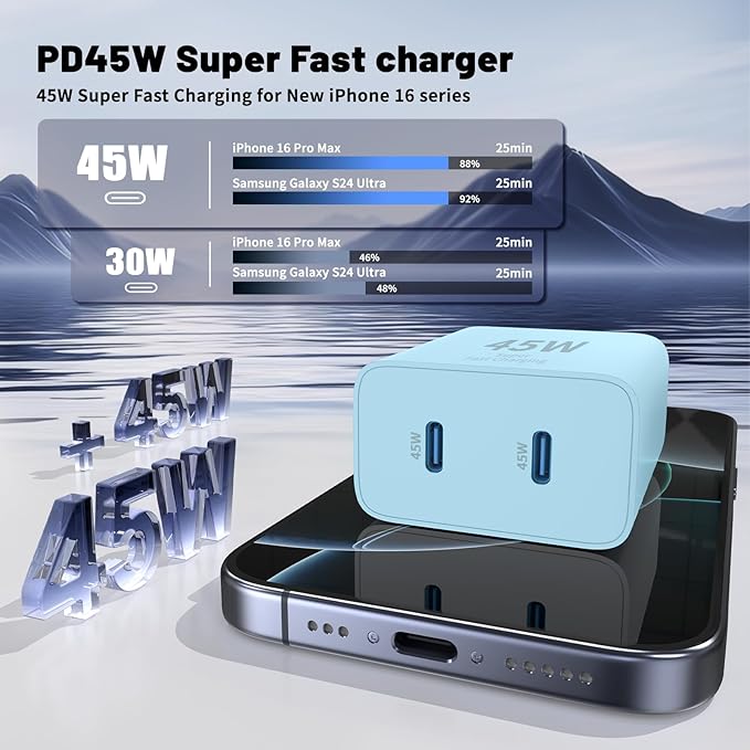 iPhone 16 15 Pro Max Charger Fast Charging,45W Dual Port USB C Fast Charger Block [2-Pack] & Extra Long 60W 3/6/10/10FT USB C Cable - PD Quick Adapter 3.0 for iPhone 16 15/16 15Pro/16 15 Plus.