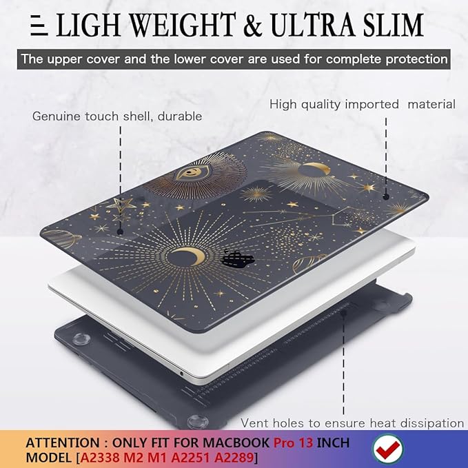 CISSOOK Case for MacBook Pro 13 Inch 2025-2020 Release Model M2 Chip A2338 M1 A2251 A2289, Black Style Hard Cover with Keyboard Cover for M2 MacBook Pro 13 with Touch Bar，Moon Star
