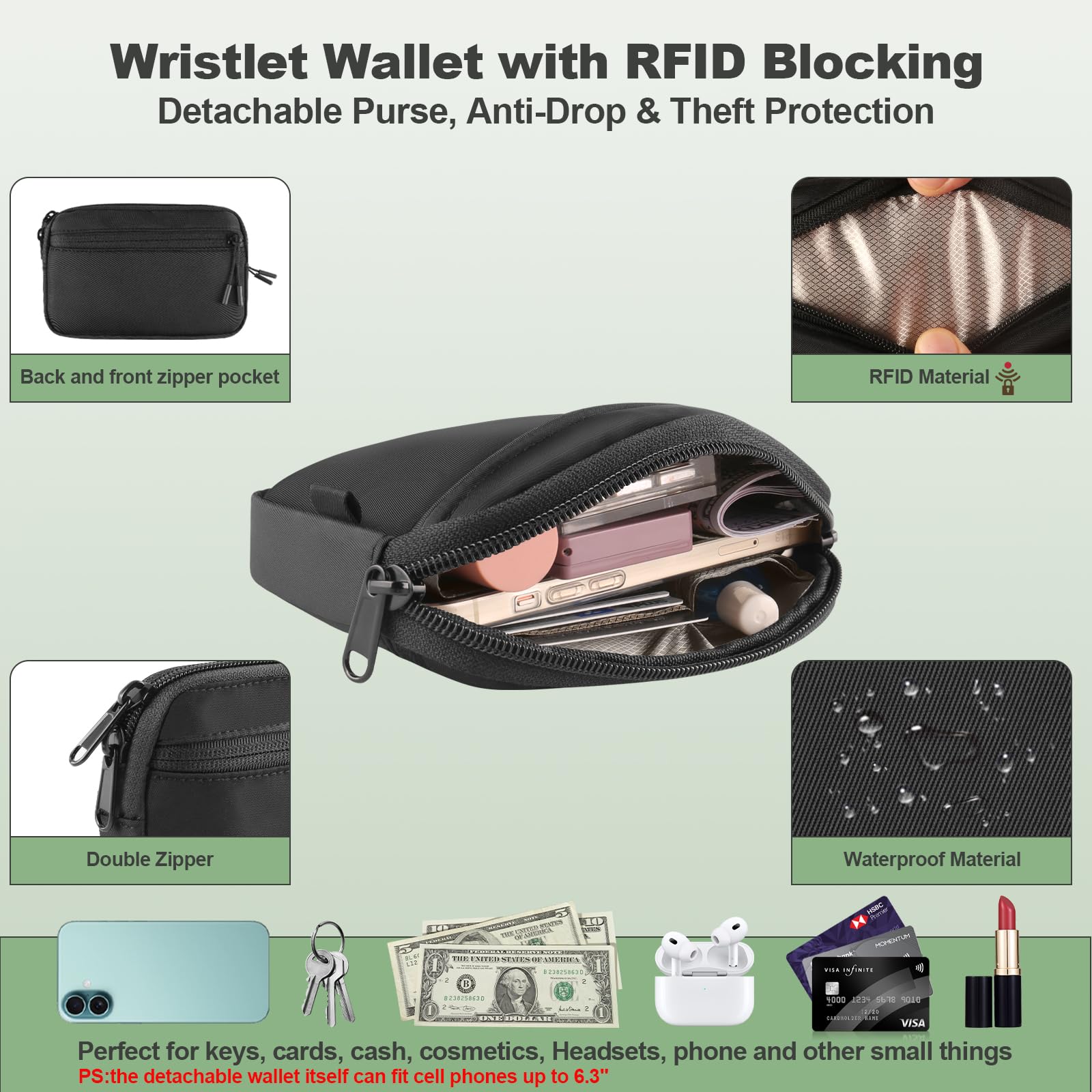 YFWE Clip and Go Strap for Phone with Wallet Crossbody, Adjustable Phone Lanyard with Detachable RFID Wristlet Wallet, Pattern Strap, Black (M)