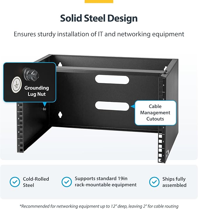 StarTech.com 6U Wall Mount Network Rack - 14 Inch Deep (Low Profile) - 19" Patch Panel Bracket for Shallow Server and IT Equipment, Network Switches - 44lbs/20kg Weight Capacity, Black (WALLMOUNT6)
