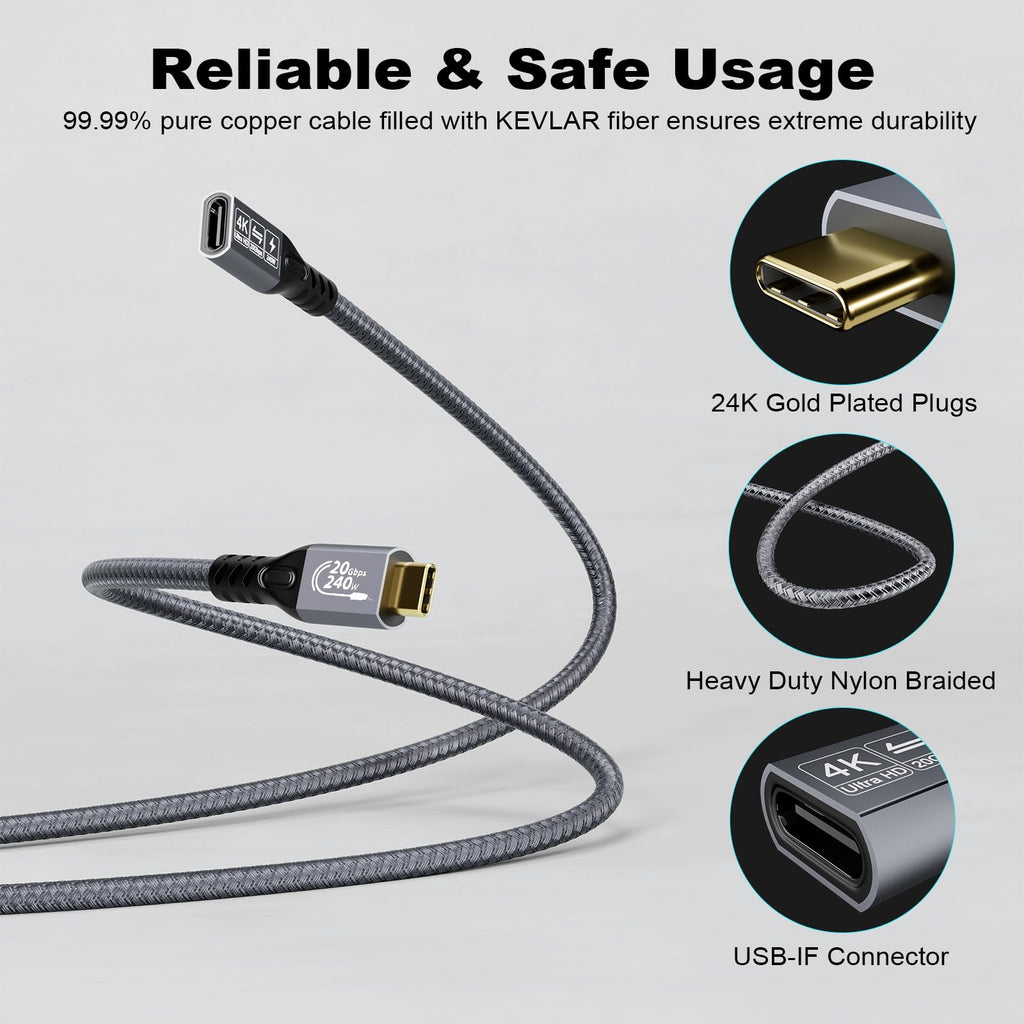 CABLEDECONN Type C Cable 3ft 1m, 240W 48V/5A USBC to USB C 3.2 Gen2×2 Extension Cable, 20Gps Male Female Extender Cable, 4K@60Hz Dual C Video Cord Compatible with MacBook Pro