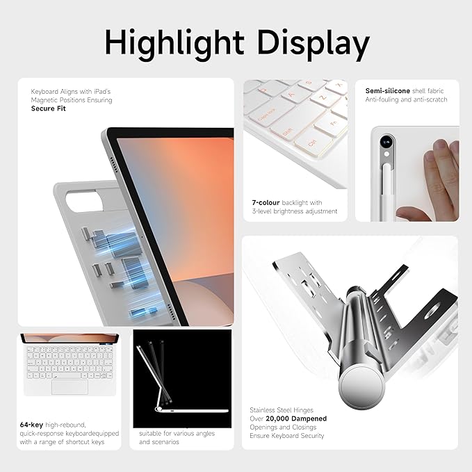 Keyboard Case for 12.4-inch Samsung Galaxy Tab S10+ Plus/S9+ Plus/S9 FE+ Plus/S8+ Plus/S7FE/S7+ Plus, 7 Colour Backlit, Multi-Touch Trackpad, Floating Magnetic Design, Battery Display, White
