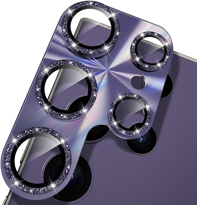 YWXTW Camera Lens Protector for Samsung Galaxy S24 Ultra, [Lithography Laser Gradient] [5X Strengthen] Bling Glitter Tempered Glass Screen Protector Metal Ring Camera Lens Cover (Titanium Violet)