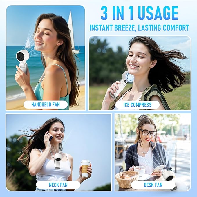 Portable Handheld Turbo Fan with Ice Cooling, Rechargeable Personal Fan, Up tp 12Hrs Cooling, 5 Speed 25550RPM Powerful Portable Fan for Travel, Outdoor, Camping, Hiking (White)