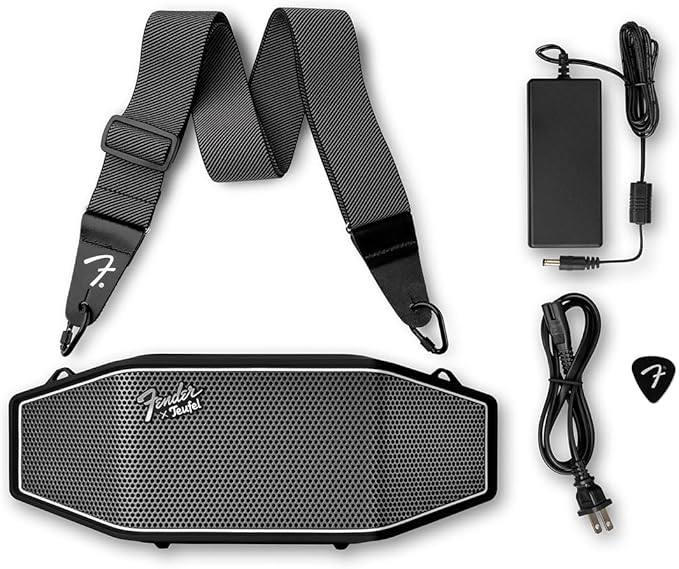 Fender x Teufel ROCKSTER CROSS Portable Wireless Bluetooth Speaker – Rugged, Waterproof, 16 Hours of Battery, Powerful Stereo Sound, Subwoofer, Built-in Power Bank, Fender Guitar Strap (Black & Steel)