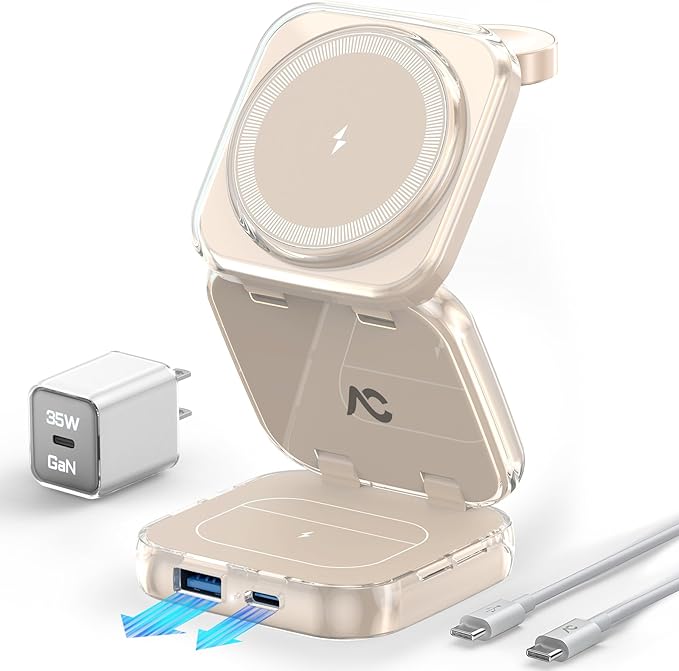 5-in-1 Wireless Charger for MagSafe, AC ISLAND Portable Travel Charging Station, 15W Max Fast Foldable Magnetic Stand, Evolved for iPhone 16/15/14/13 Series, Apple Watch, AirPods (with 35W Adapter)