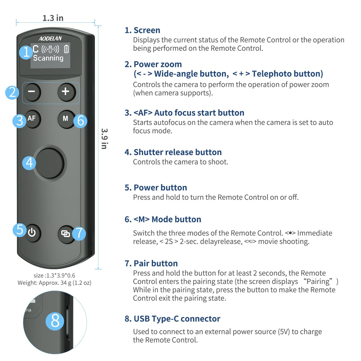 AODELAN for Canon Rechargeable Wireless Shutter Release with Zoom Focus