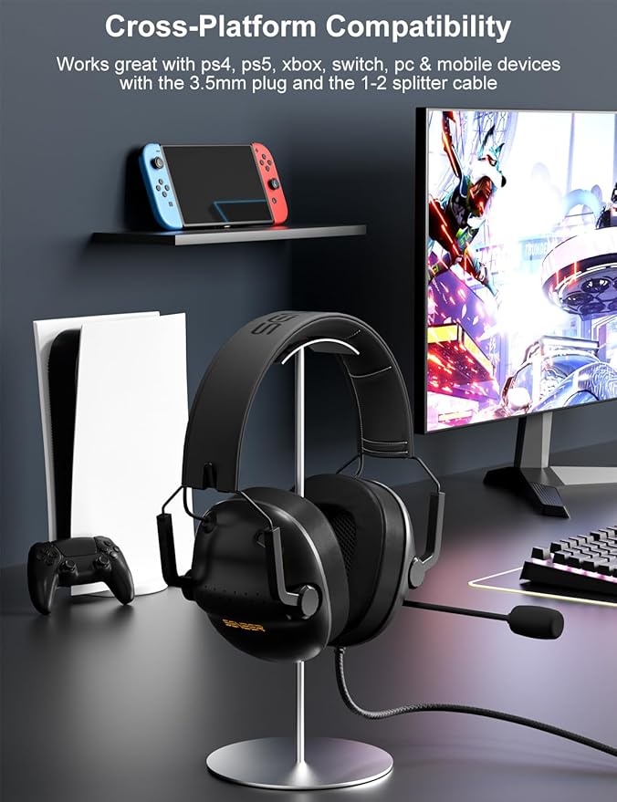 SENZER SG500 Surround Sound Pro Gaming Headset with Noise Cancelling Microphone - Soft Memory Foam Padding - Portable Foldable Headphones for PC, PS4, PS5, Xbox One, Switch - Black