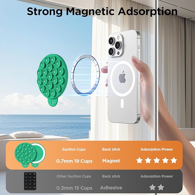 Magnetic Suction Cup Phone Mount for MagSafe Case, Silicone Hands-Free Grip Holder for iPhone and Android, Mirror Shower Phone Stand for Makeup FaceTime Gym Kitchen Bathroom, Emerald Green